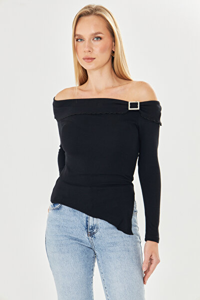 ParlaMira Women's Black Madonna Collar Square Buckle Blouse