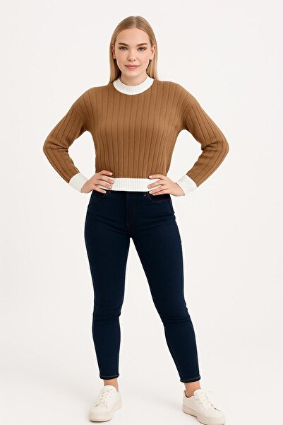 Sfg Life Moda Women's Crew Neck Ribbed and Striped Detail Crop Knitwear Short Sweater