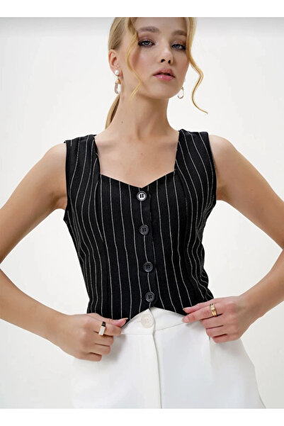 ZENGEZUR MALL Mtxdpn Striped Crepe Buttoned Vest Black S3395 (215241) (Size: S)