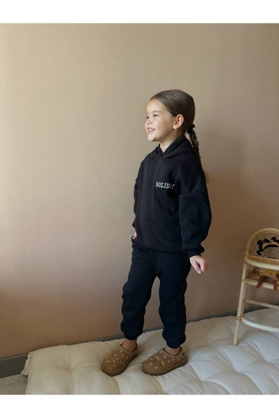 inebolu kids Embroidered Hooded 3 Thread Sh Fleece-Lined Oversize Waitress Girl Boy 2-Piece Style Sweat Tracksuit Set