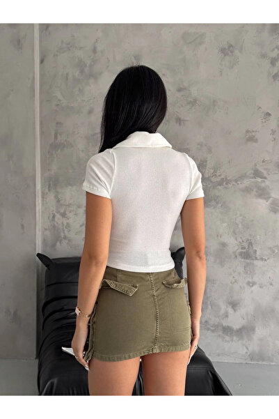 ZENGEZUR MALL Mtxdpn Ribbed Knit Collared Zippered Blouse White (221130) (Size: S)