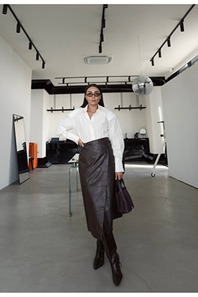 BRTC design Women's Bitter Brown Staple Belt Detailed Wrap Leather Skirt