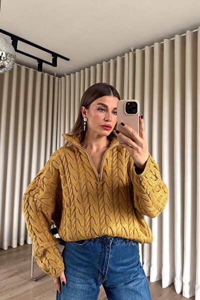 Sue Store Πουλόβερ με φερμουάρ με πλεκτό σχέδιο μουστάρδας