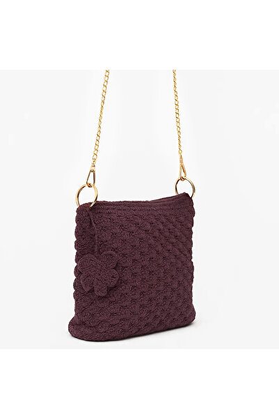 BUNILU Brown crocheted purse, gold chain strap, handmade