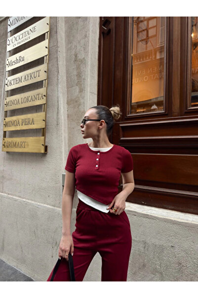 ZENGEZUR MALL Mtxdpn Button Collar Burgundy Bottom Top Set S3943 (221103) (Size: S)