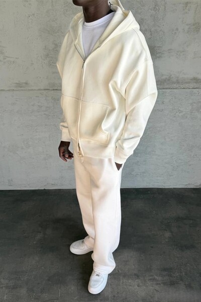 MADZEYMODA Men's Oversized Mold Fleece-Lined Ecru Bottom and Top Tracksuit Set Ke-7029