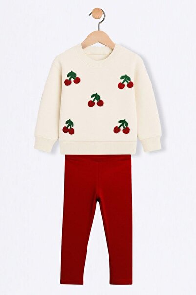 Magu Girl's Cotton Cream Cherry Appliqued Sweatshirt and Red Pants Set
