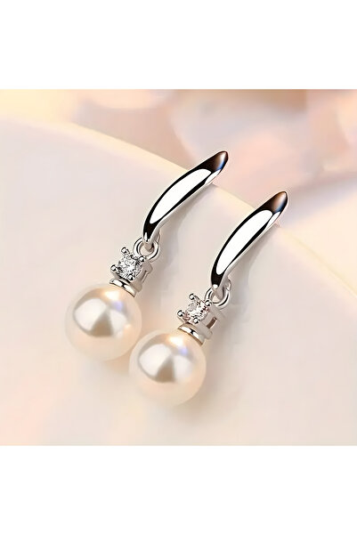 BUNILU Cercei argintii hipoalergenici cu perla alba sintetica si piatra zirconiu