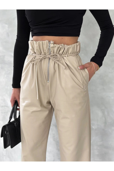 ZENGEZUR MALL Mtxdpn Self-Slimming Belt Leather Pants Beige T1178 (220913) (Size: S)