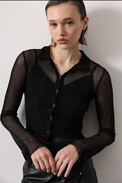 İldies store Simli tül gömlek siyah yeni