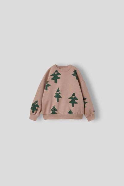 Magu Unisex Children's Cotton Beige Tree Patterned Sweatshirt and Sweatpants Set – Comfortable Fit