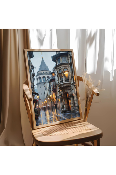 alphobitasarım Tarihi Galata Kulesi ve Yağmurlu İstanbul Sokağı - Yağlı Boya Görünümlü - Tekli Tablo