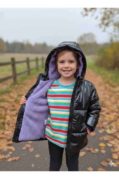 DUBLİNO KİDS Shiny Inside Purple Fur Water and Windproof Girl's Coat