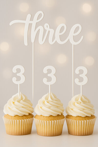 Atolye Doruk White 3Rd Birthday Cake Topper - Three Cake Lettering - Number 3 Cupcake Picks - Baby Birthday