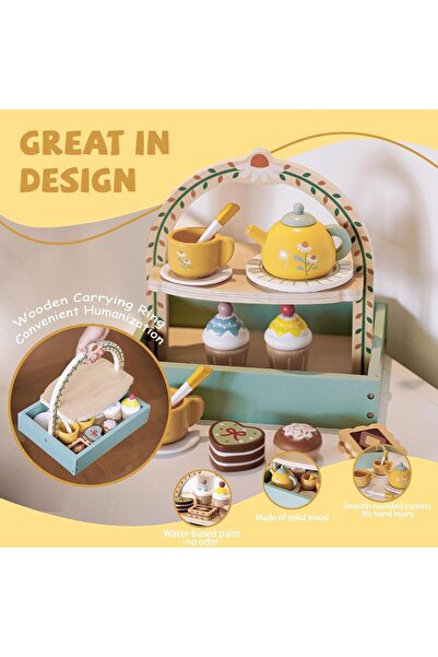 lil munchkins Wooden Tea Party Set for Toddlers with Dessert Stand