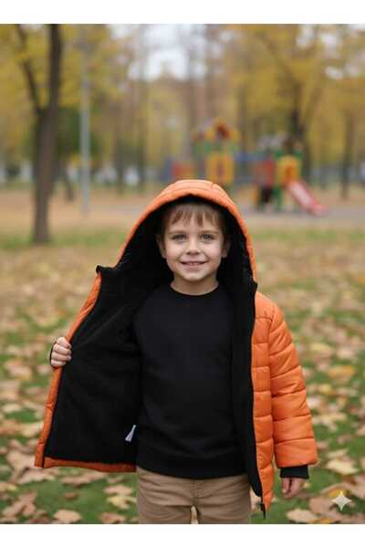 DUBLİNO KİDS 0Ranj Trenyolu Patterned Water and Windproof Boy's Coat with Black Plush Lining Inside
