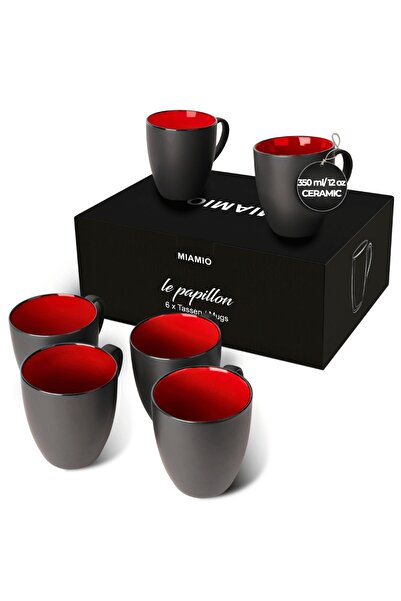 MIAMIO Set of 6 Coffee Mugs, Le Papillon collection, ceramic, red interior, 350 ml
