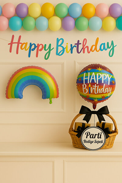parti hediye sepeti Renkli Gökkuşağı & Happy Birthday Balon Seti | Parti Süsleri