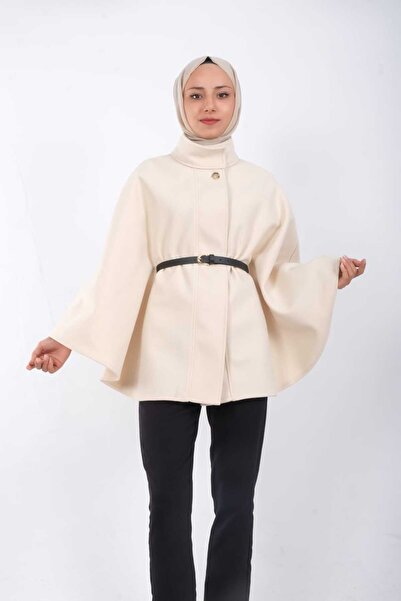 moda caddesi Mock Neck Kaşe Poncho with Belt Detail