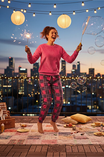 DOFİ Women's Winter Flannel Pajama Set – Top Flannel, Bottom Plaid, Long Sleeve, Pink / Navy Blue