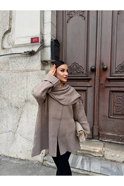 Lusin Women's Beige Shawl Detailed Transitional Winter Premium Knitwear Jacket