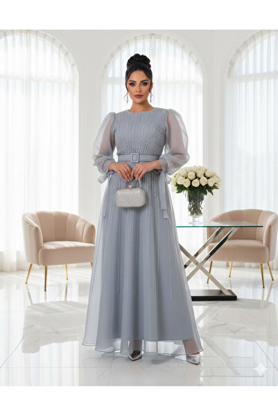 Robes Yeni Sezon Taş İşlemeli Tül Uzun Abiye Elbise / Beli Kemerli Balon Kol ...