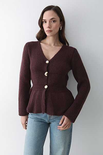 Laluvia Burgundy 3 Button Pleated Cardigan - 251065