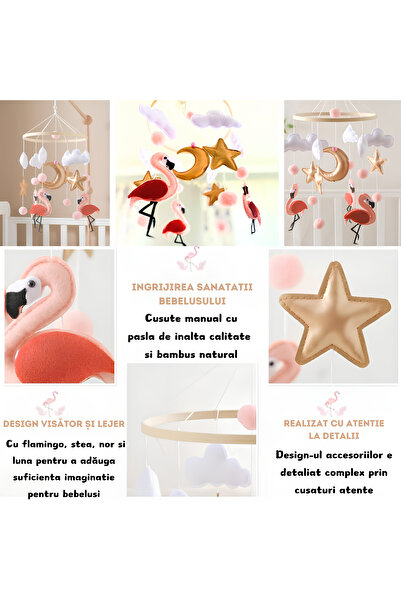 Arelair Magic Box Baby Crib Mobile Carousel, Handmade Flamingo, Clouds and Stars, Newborn Gift