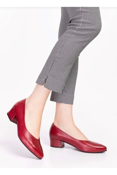 Crista Hakiki Deri Kırmızı Alçak Topuklu Klasik Hostes Ayakkabısı