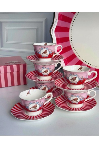 Hediye Köşkü Acar Lüks Porselen Bird Kahve Fincanı 6 kişilik (kırmızı)