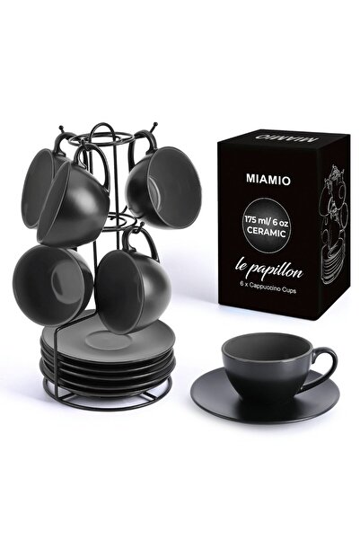 MIAMIO Set de 6 cești de cappuccino cu farfurie, colecția Le Papillon, ceramică, negru, 175 ml