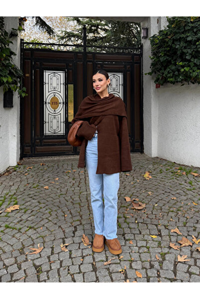 Lusin Women's Black Shawl Detailed Transitional Winter Premium Knitwear Jacket