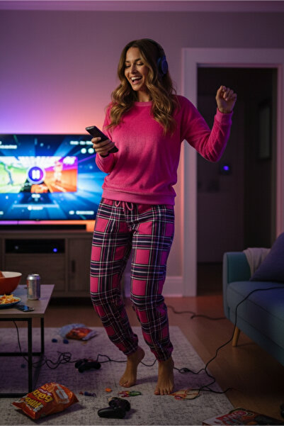 DOFİ Women's Winter Flannel Pajama Set – Top Flannel, Bottom Plaid, Long Sleeve, Pink / Navy Blue