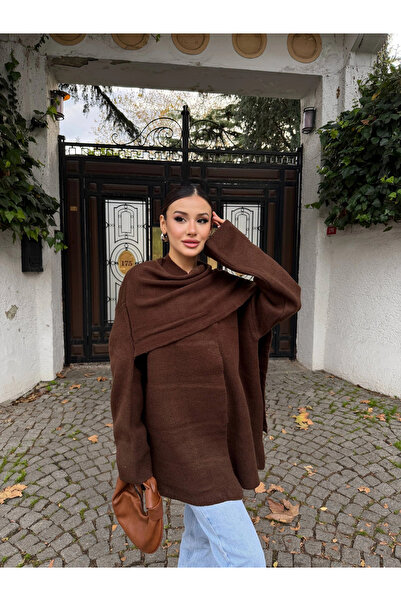 Lusin Γυναικείο Καφέ Πλεκτό Παλτό Premium Χειμώνας ελαφρύ με Λεπτομέρεια Σάλι