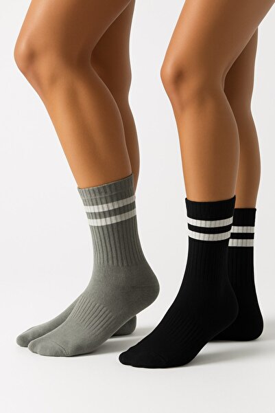 Plus Scorpion Γυναικείες κάλτσες τένις 2 τεμαχίων – Αθλητικές κάλτσες με γκρι και μαύρες ρίγες – Βαμβακερές που αναπνέουν