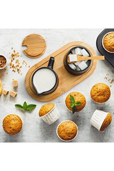 MIAMIO Sugar bowl 200ml with lid and spoon and milk jug 240ml set with coffee serving tray, ceramic, black