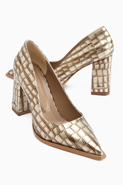 Limoya Lucy Cream Crocodile Thick Heeled Shoes Women's Stiletto