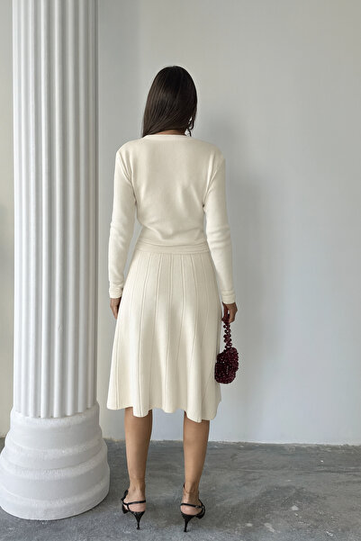 Lusin Women's Ecru Stylish Gold Button Detailed Elegant Long Sleeve Knitwear Dress (New Color)