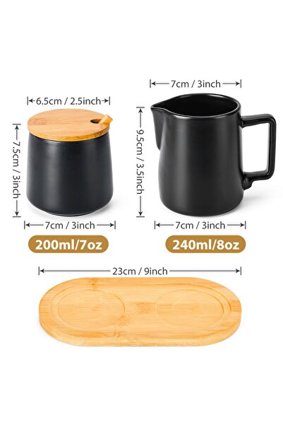 MIAMIO Sugar bowl 200ml with lid and spoon and milk jug 240ml set with coffee serving tray, ceramic, black