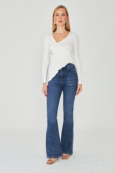 ParlaMira Women's Ecru Buckled Double-Breasted Collar Blouse