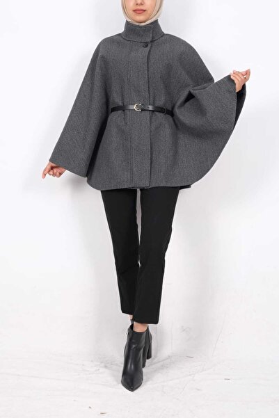 moda caddesi Mock Neck Kaşe Poncho with Belt Detail