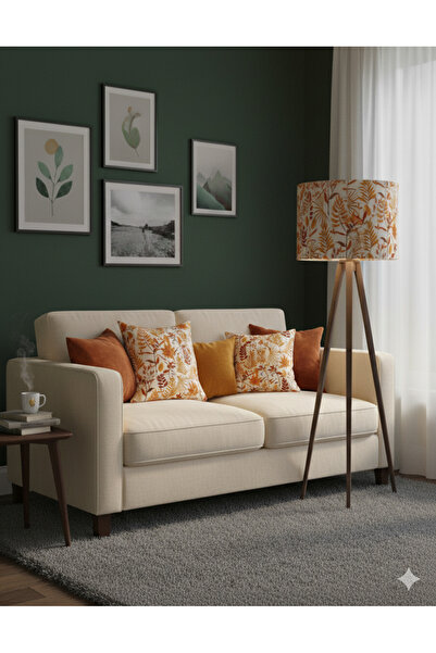 Otay Ev Dekorasyon El Yapımı Sonbahar Yaprak Desenli Kumaş Tripod Ayaklı Lambader