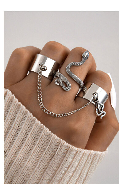 Köstebek Adjustable 3-Piece Ring Set with Chain Snake