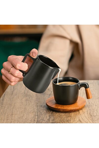 MIAMIO Sugar bowl 200ml with lid and spoon and milk jug 240ml set with coffee serving tray, ceramic, black