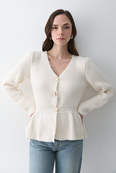 Laluvia Cream 3 Button Pleated Cardigan - 251065