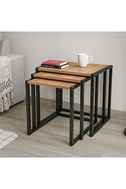 GUİMO 3'lü Metal Zigon Sehpa Zigon Sehpa Orta Sehpa Yan Sehpa Çam