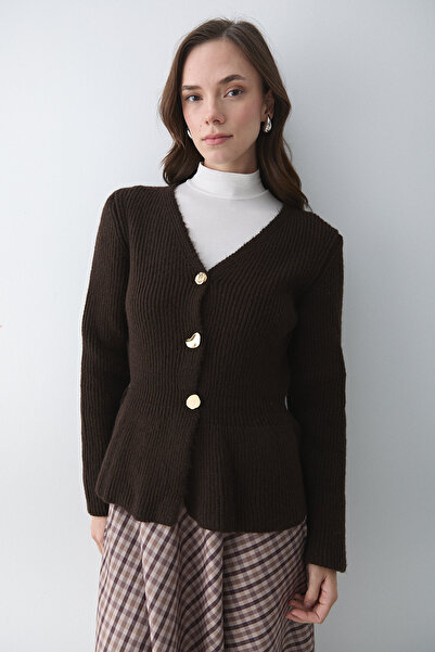 Laluvia Brown 3 Button Pleated Cardigan - 251065