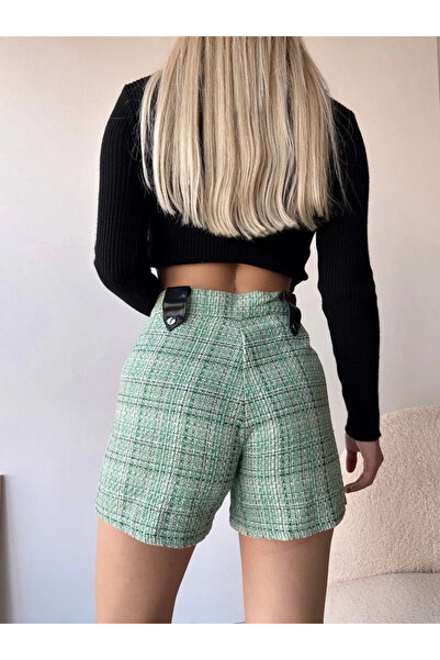 ZENGEZUR MALL Mtxdpn Snap Fastener Black Bridge Tweed Shorts Green (232517) (Size: S)