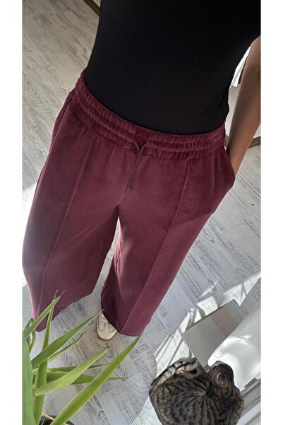 HANER BUTİK Burgundy Velvet Sweatpants