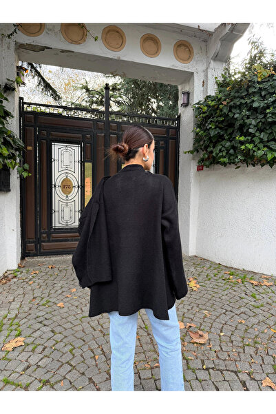 Lusin Women's Black Shawl Detailed Transitional Winter Premium Knitwear Jacket